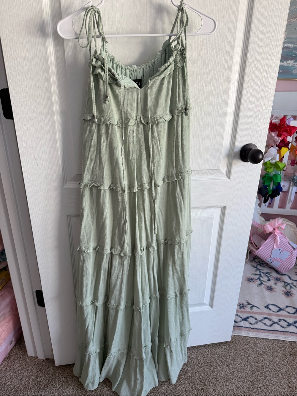 Vici Sage Green Tiered Maxi Dress with Tie Straps